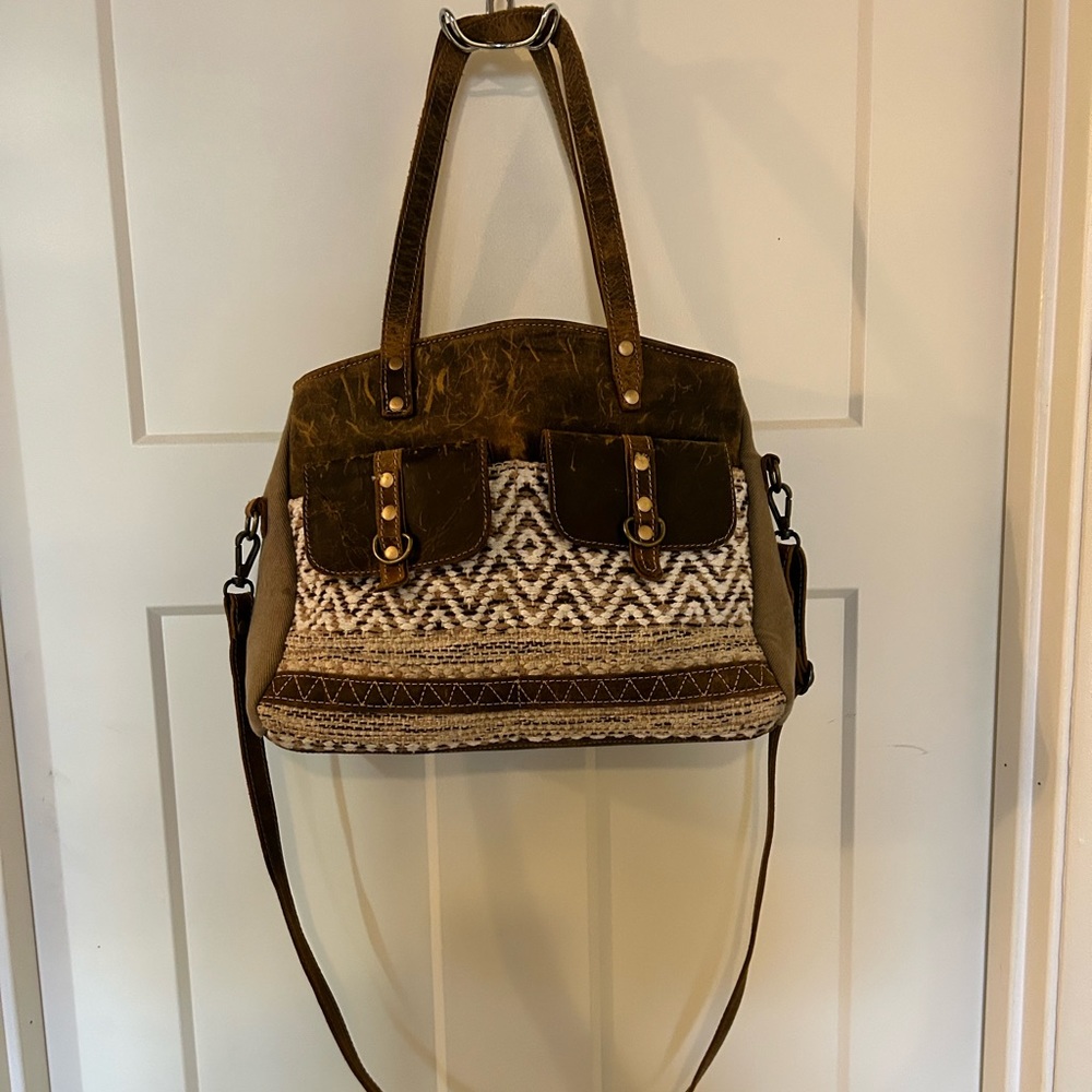 Myra Bag Handmade Cherish Tote Bag Upcycled Canvas & Cowhide Leather